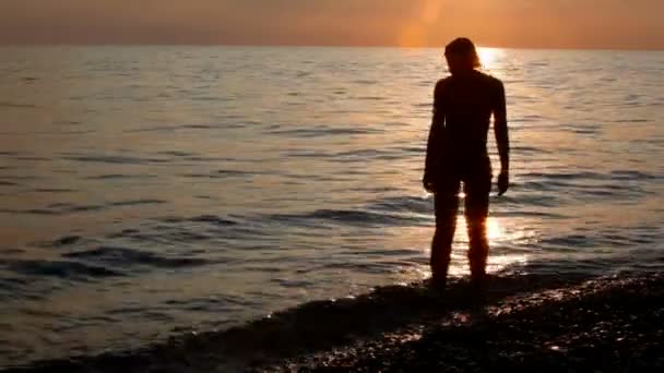 Silhueta de jovem mulher na praia, céu por do sol e mar no fundo — Vídeo de Stock