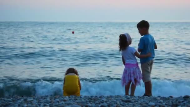 Kinder werfen Kieselsteine ins Meer, stehen im Kiesstrand — Stockvideo