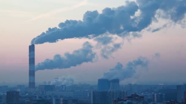 The view of a modern city, smoke goes from pipes.  — Vídeos de Stock