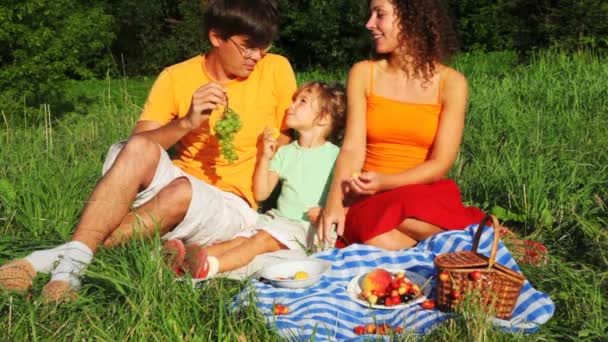 Padre, madre e hija descansan juntos en la hierba cerca de los árboles y come vid — Vídeos de Stock