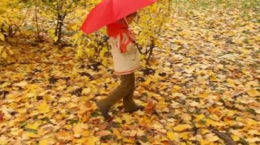 çocuk şemsiye ile sonbahar ormanda yürür