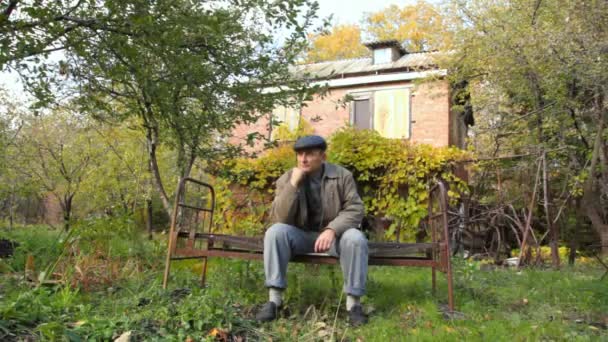 Aged man sits on bench in garden — Stock Video