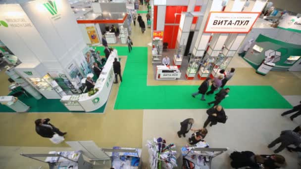 Gehen Sie, betrachten Sie Pavillons, sprechen Sie in der Halle auf einer Ausstellung "öffentliche Gesundheitsdienste, medizinische Geräte und medizinische Produkte" — Stockvideo