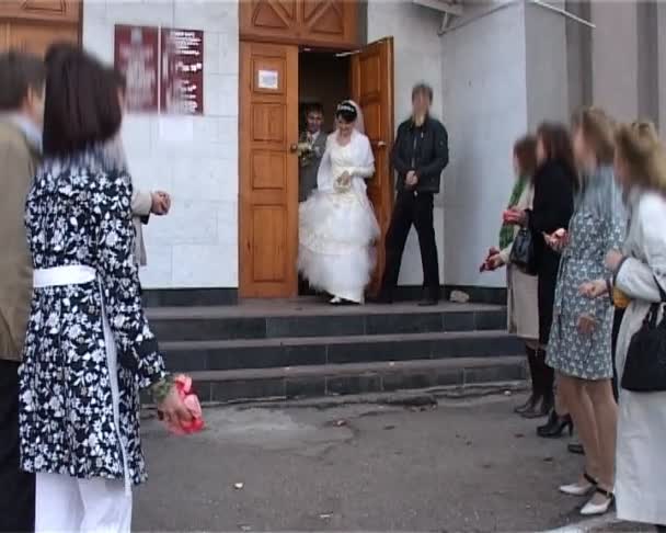 Жених и невеста идут под дождем из листьев роз — стоковое видео