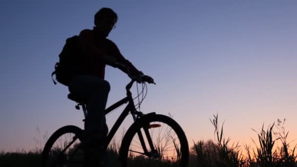 Silhouette de l'homme à vélo se tient dans le champ et regarde le ciel — Video