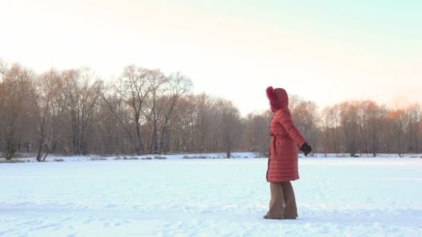 Hija corre a su madre en el campo de nieve — Vídeos de Stock