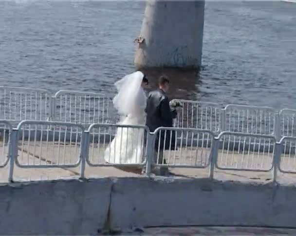 Groom and bride in wedding gown comes on bridge — Stock Video