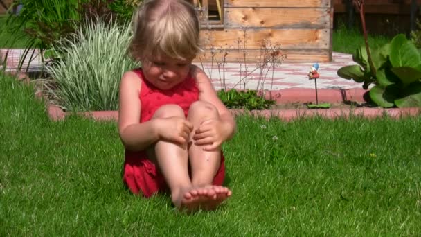 Retrato de menina bonito senta-se na grama verde na tomada — Vídeo de Stock