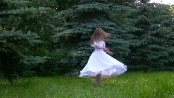 Meisje gekleed in dansen ballet in het park met gras en coniferen — Stockvideo