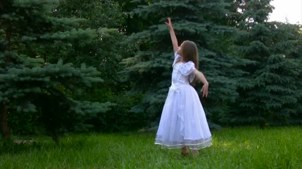 Mädchen in Tänzen Ballett im Park mit Gras und Nadelbäumen — Stockvideo