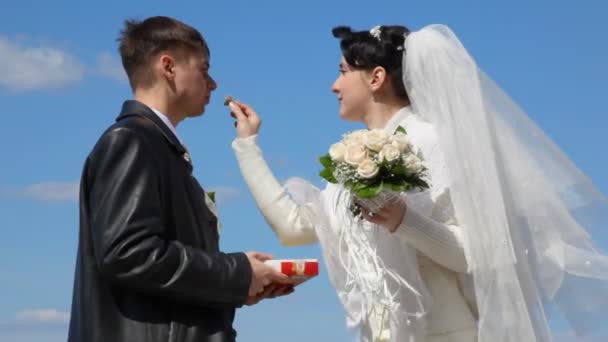 Bride feeds with sweets her groom — Stock Video