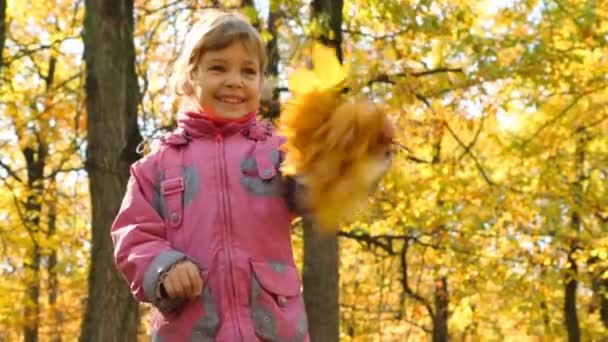 Flicka viftande hand med bladen i park — Stockvideo