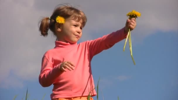 Menina com flores de campo fica no prado contra o céu — Vídeo de Stock