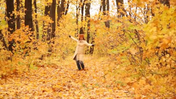 Menina vai na estrada de madeira no outono — Vídeo de Stock