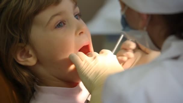 Femme dentiste traite les dents de la petite fille — Video