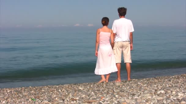 Пара стоит на пляже и смотрит на море — стоковое видео