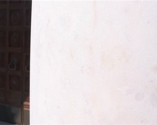 Kissing groom and bride stands between columns — Stock Video