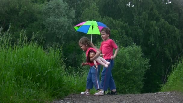 Boy and girl playing with umbrella in park — Stock Video