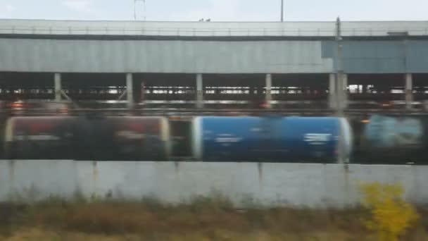 Railway station with freight train of tank waggons — Stock Video