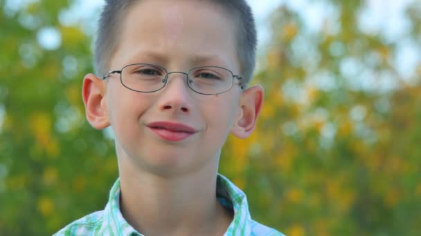 Retrato de niño con gafas se levanta contra los árboles en el parque — Vídeo de stock