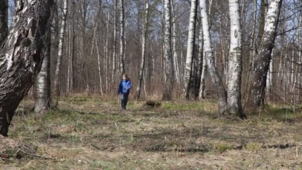 Happy boy runs to camera and waving hands in spring brich grove — Stock Video