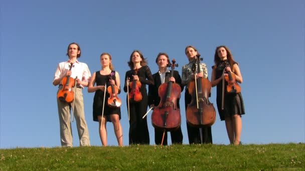Шесть музыкантов со струнными инструментами стоят на холме — стоковое видео