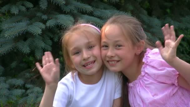 Duas meninas sorridentes felizes senta-se no parque e acenando as mãos para a câmera — Vídeo de Stock