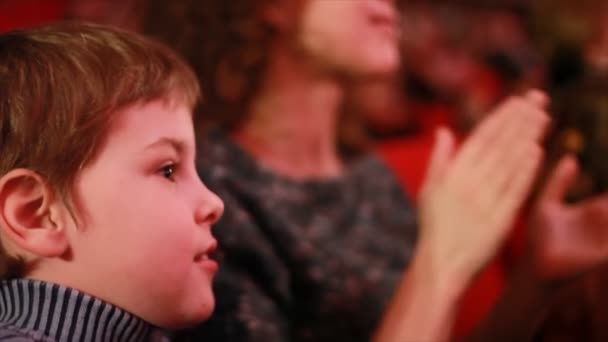 Impresionable chico se sienta en la silla en el auditorio de circo — Vídeos de Stock