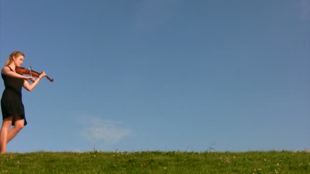 Young woman plays violin against blue sky — Stock Video