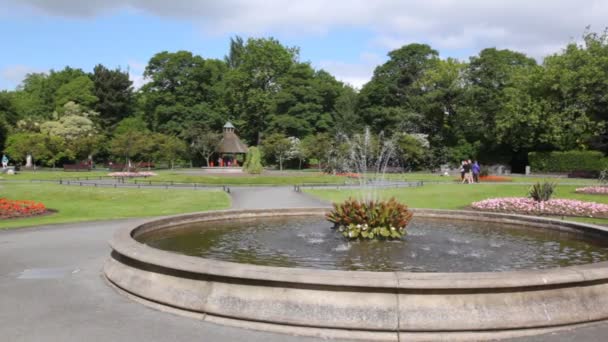 Wandelen in het park met fontein — Stockvideo