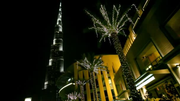 Nacht burj dubai en palmbomen in dubai, Verenigde Arabische Emiraten. — Stockvideo