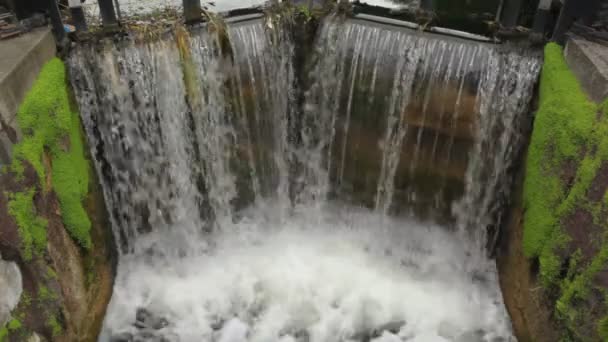 Clear stream run through sluice made of wood and falls into canal — Stock Video