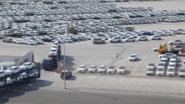 Otopark yeni arabalar yaprakları ile otomobil taşıyıcılar