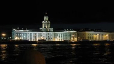 kunstkamera ve Saray köprüsü üzerinde gece nehir neva, saint-petersburg, Rusya Federasyonu.