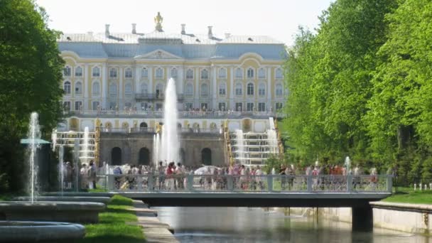 Puentes y fuentes del Palacio Peterhof en San Petersburgo, Rusia . — Vídeos de Stock