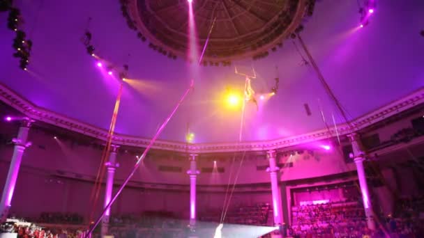 Lucht acrobaten verrichten gevaarlijke oefening onder een koepel van een circus — Stockvideo