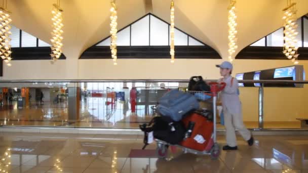 Menino com carrinho de bagagem caminha no aeroporto — Vídeo de Stock