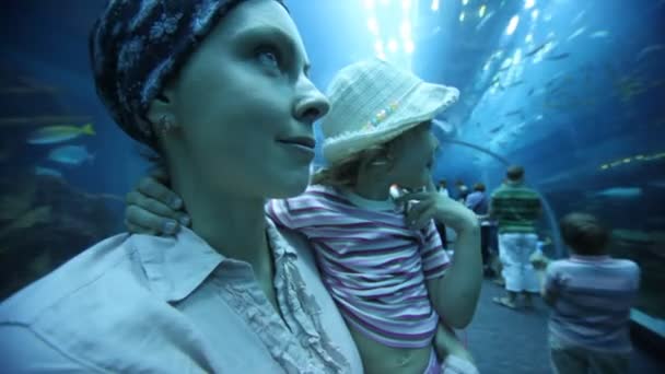 Woman and girl on close shot in oceanarium — Stock Video