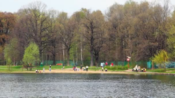Heb een rust op de kust van voorjaar park in de buurt van lake — Stockvideo