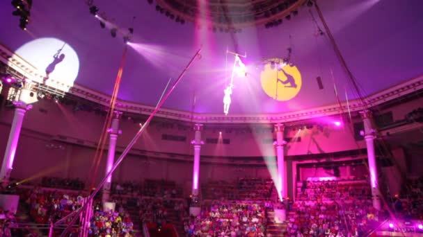 Lucht acrobaten verrichten gevaarlijke oefening onder een koepel van een circus — Stockvideo