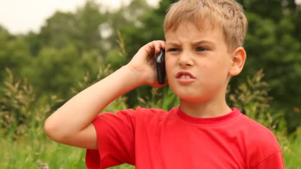 Jongen is spreken op zijn mobiele telefoon in het park — Stockvideo