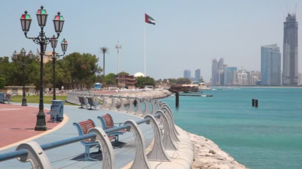 Pantai laut dengan bendera Uni Emirat Arab, gedung pencakar langit di latar belakang — Stok Video