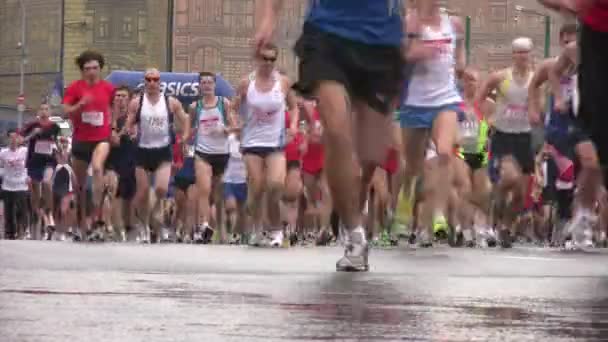 Participantes de maratón durante la carrera en tiempo lluvioso — Vídeo de stock