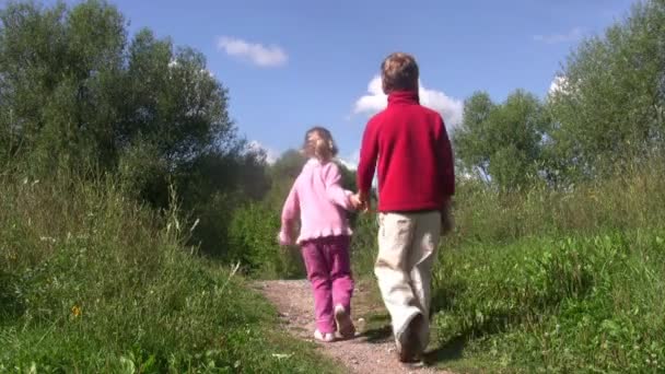 Malý chlapec a dívka se vrátit na cestu v parku. letní den. — Stock video