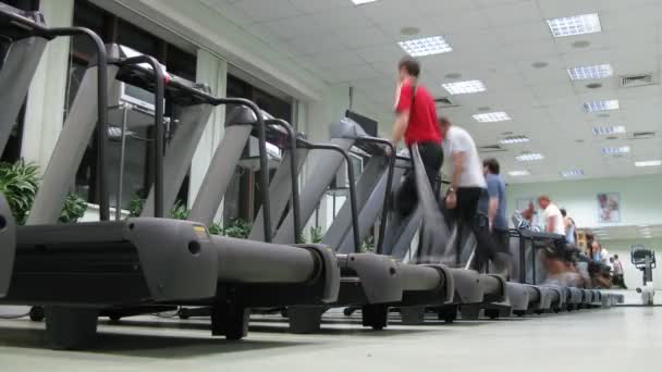 As pessoas correm em esteiras no clube de fitness Multisport — Vídeo de Stock