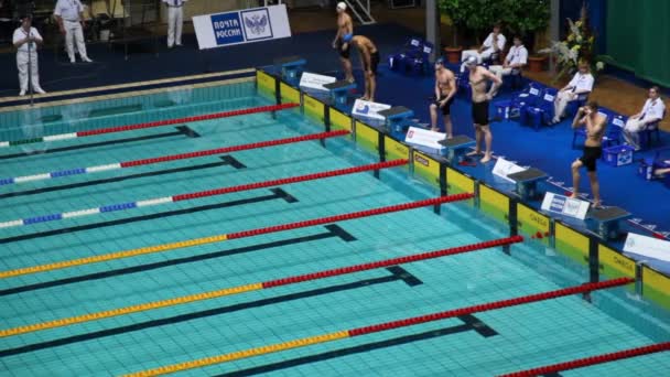 Спортсмени підготуватися до початку плавати — стокове відео