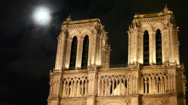 Notre dame kathedraal, achter de nachtelijke hemel — Stockvideo