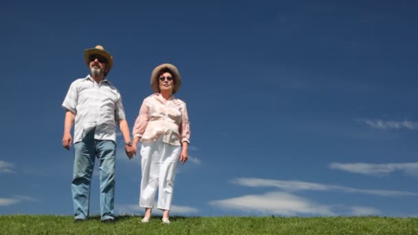 Ouder paar staat op gras, dan verspreidt zijn handen — Stockvideo