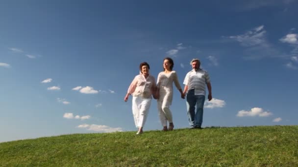 Elderly couple by hand with adult daughter on grassy hill against sky in summer — Stock Video