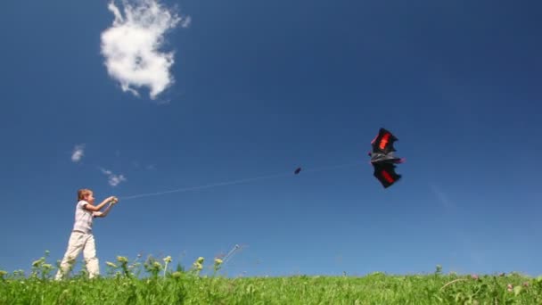 Niño juega cometa en el prado contra el cielo azul — Vídeos de Stock